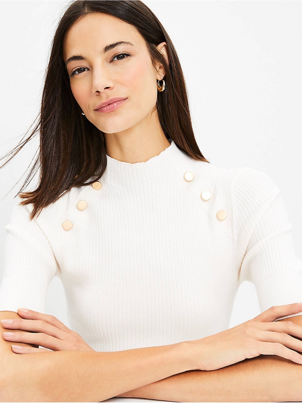 LOFT NWT XL L Ribbed Shoulder Button Mock Neck Sweater Whisper White Cream Ivory